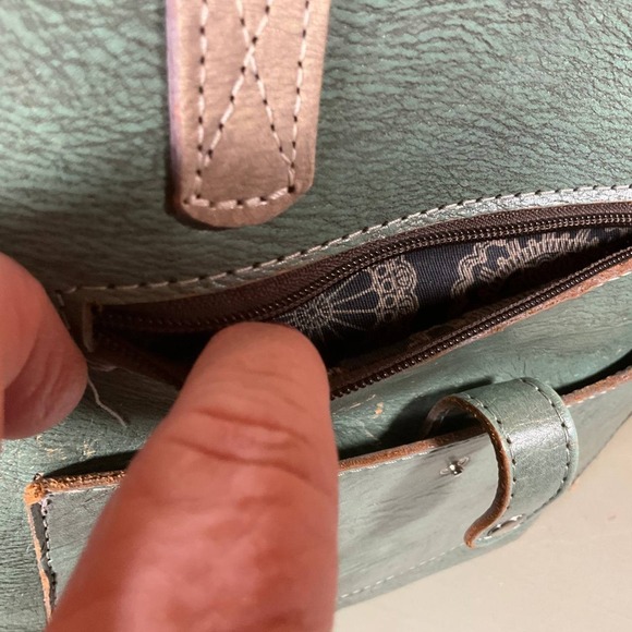 American West Navajo Soul Zip-Top Tote Bag Green Leather Tooled Studded Aztec - Picture 3 of 9